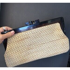 1950s Italian Clutch with Bakelite Lucite Handle with Cream Woven Raffia EUC